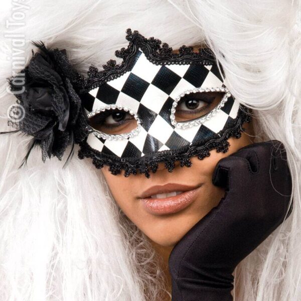 Maschera Colombina Bianca e Nera a Quadri e Rosa Nera