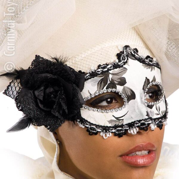 Maschera Colombina Bianca con Petali e Rosa Nera