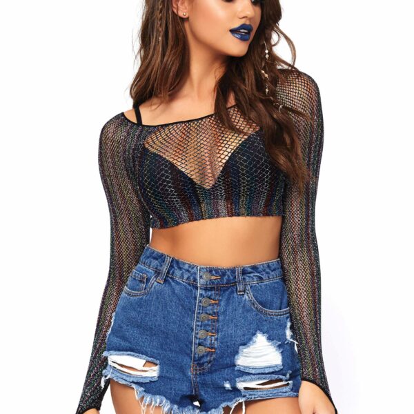 Top Arcobaleno Corto Maniche Lunghe a Rete Glitterato