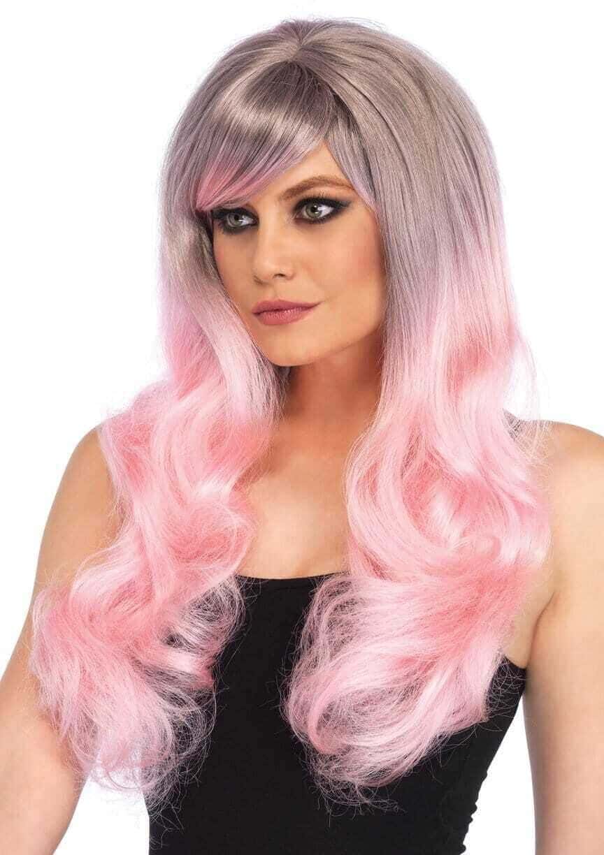 Parrucca Rosa Lunga Mossa con Frangia