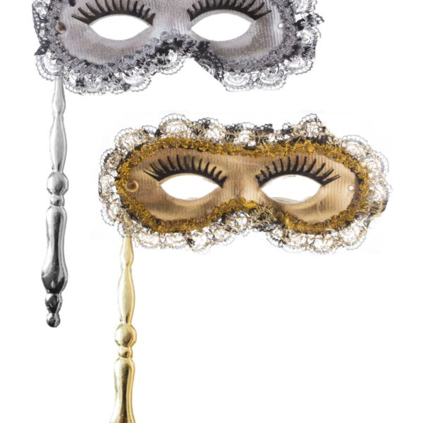 Maschera Domino Papillon in Pizzo con Bastoncino Colori Assortiti