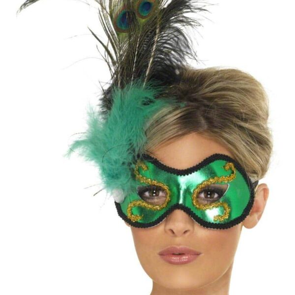 Maschera Domino Verde con Piume