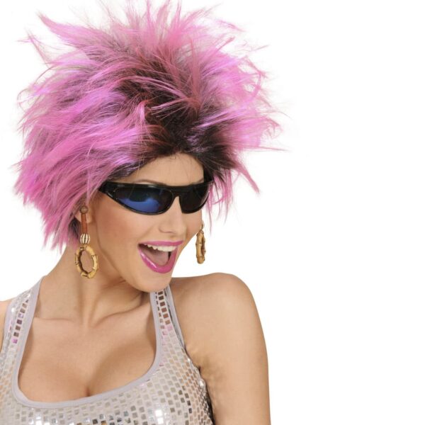 Parrucca da Rocker Rosa e Nera con Orecchini