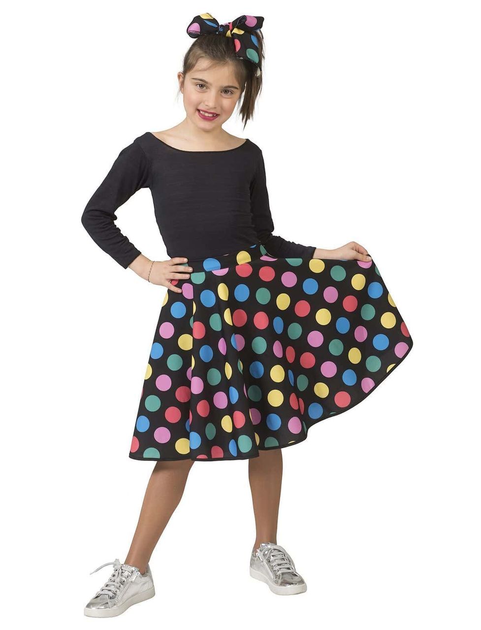 Gonna e Foulard Nero a Pois Multicolore