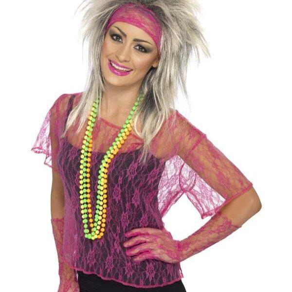 Maglia a Rete in Pizzo Rosa con Guanti e Fascia