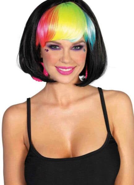 Parrucca Nera Caschetto con Frangia Multicolore