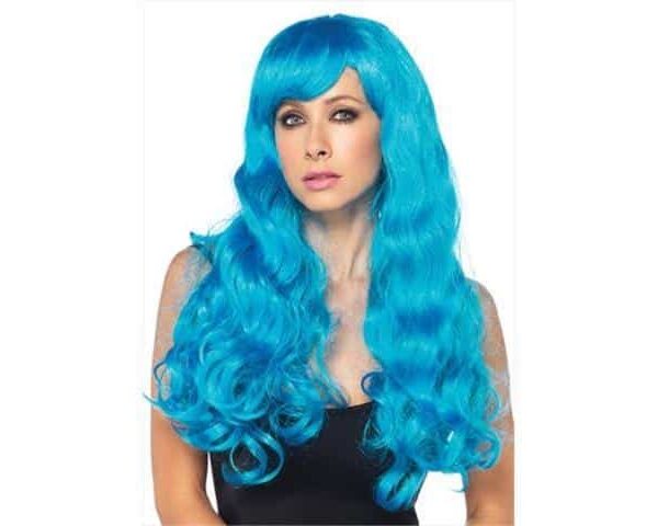 Parrucca Azzurra Neon Lunga Mossa con Frangia